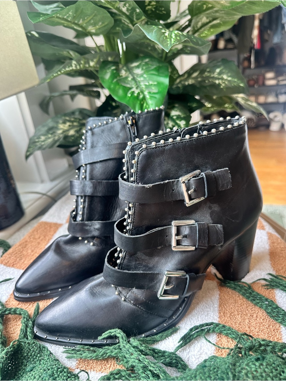 Steve Madden Black Studded Triple-Buckle Ankle Boots NEW